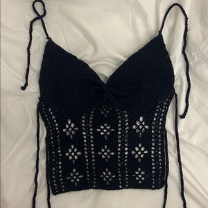 EDIKTED Tie Open Back Navy Crochet Top